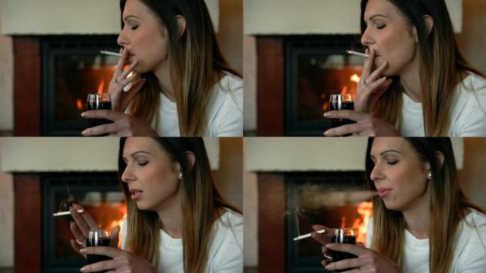 她喜欢在壁炉旁喝酒和抽烟-慢动作