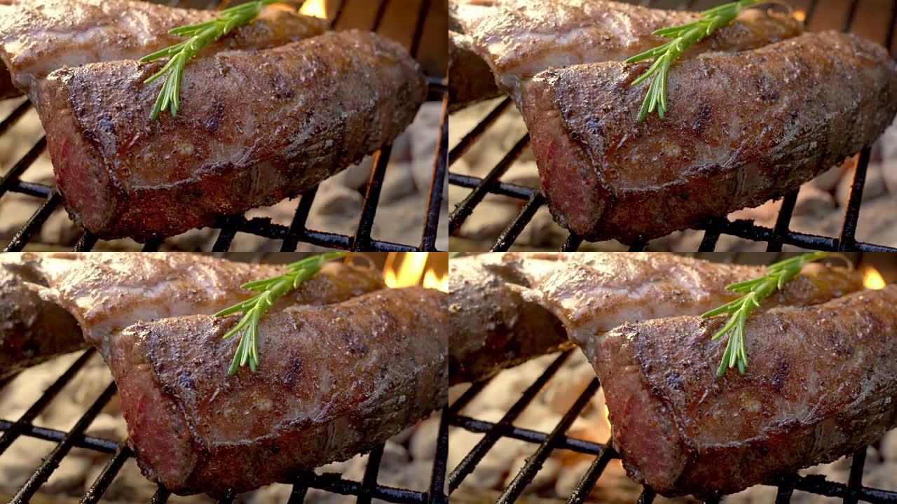 美味的frened美食新西兰烤羊排在燃烧的烤架上