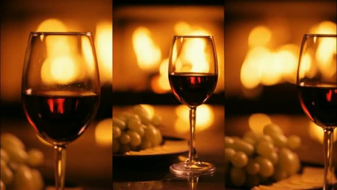 壁炉背景上一个红酒酒杯的垂直视频。