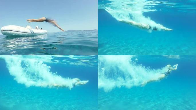 在一个阳光明媚的温暖日子里，一位年轻的女子正从船上跳向清澈的海水。