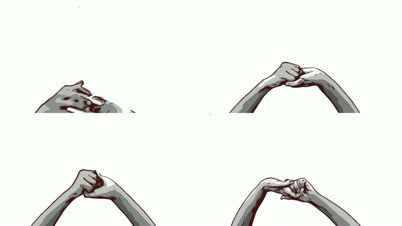 动画卡通素描，人的手和肢体语言，举手展示好兆头，竖起大拇指