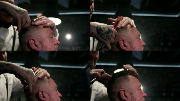 理发师在理发店慢动作用剪刀剪掉老年男性客户的头发