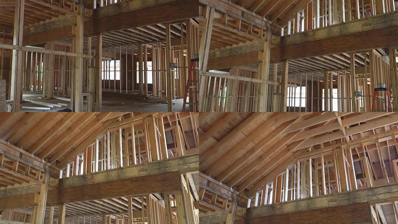 木制房屋的框架结构木架。特写新棒建屋在蓝天下建设。房地产概念背景。