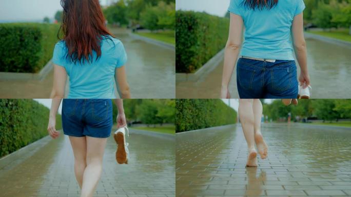 女孩在公园的雨中散步，手里拿着凉鞋。相机从上到下