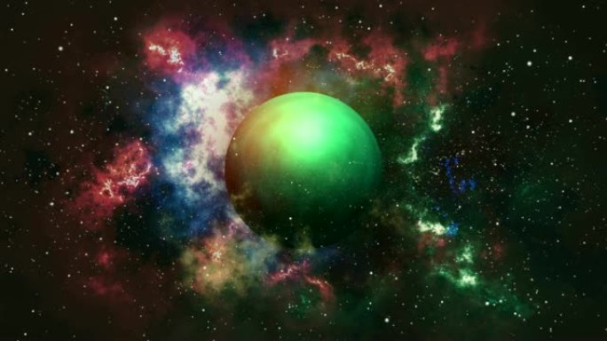 4k绿色发光神秘行星与恒星粒子运动背景