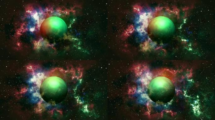 4k绿色发光神秘行星与恒星粒子运动背景