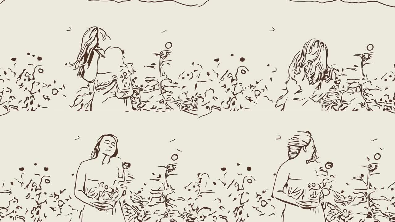 动画卡通素描，女人在野外放松的面部表情，头发的上升和摇动