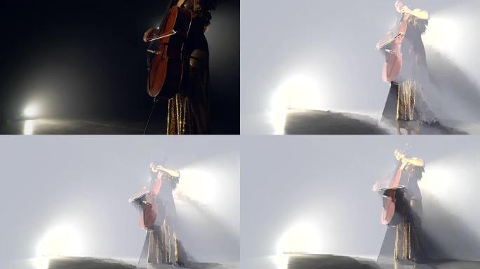 大提琴手在舞台上表演。