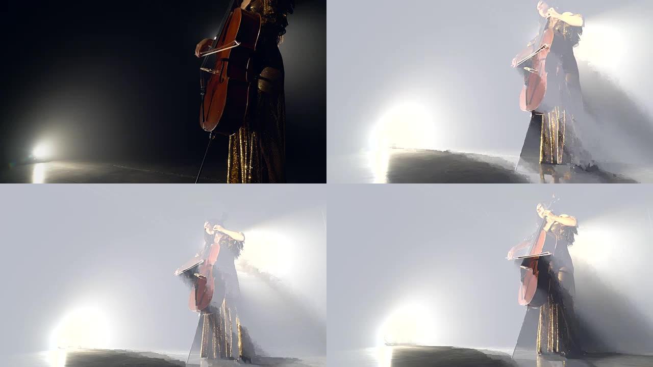 大提琴手在舞台上表演。