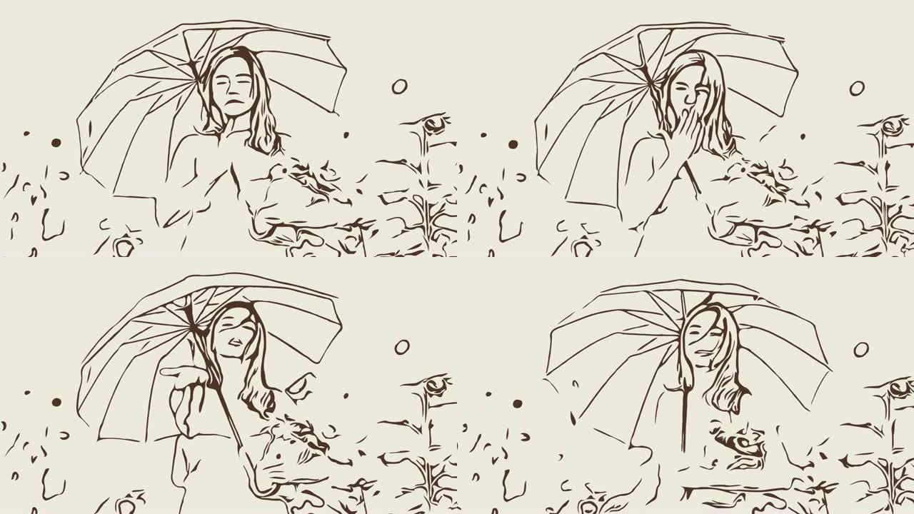 动画卡通素描，女人在野外放松的面部表情，欢迎并吹着伞的吻