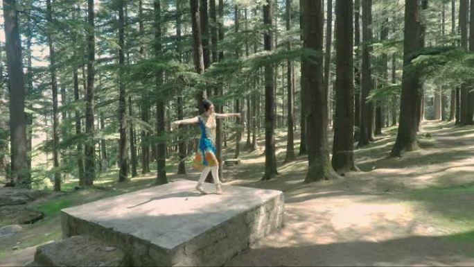 迷人的年轻女子跳舞奥迪西印度风格。追踪年轻人举起的方形双手。