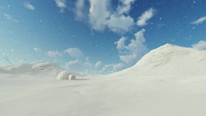北极冰屋对抗美丽的蓝天，下雪，4K