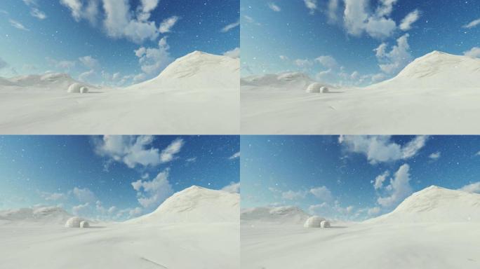 北极冰屋对抗美丽的蓝天，下雪，4K
