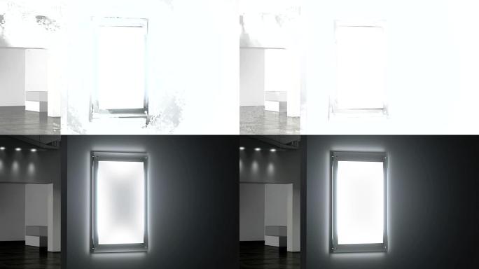 夜间画廊的空白发光海报模型照明玻璃支架