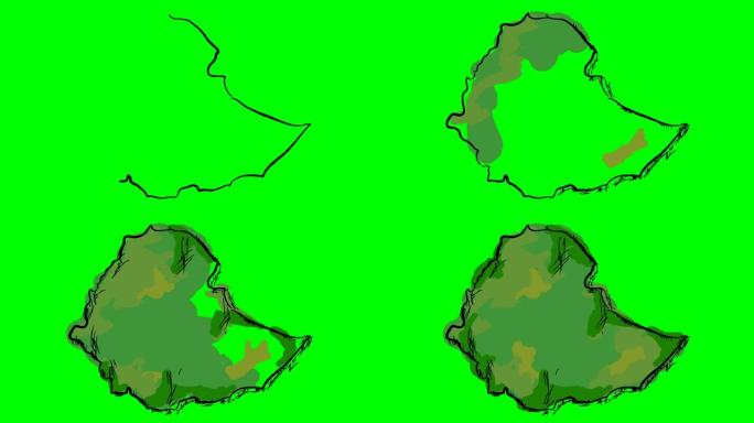 埃塞俄比亚在绿屏孤立白板上绘制彩色地图