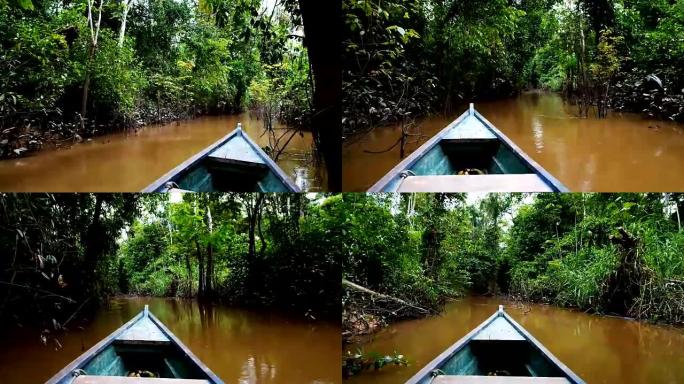 独木舟穿越洪水泛滥的丛林，前往偏远的原住民社区