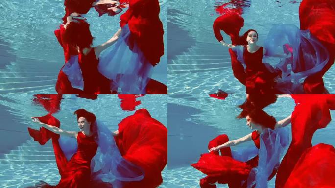 一个穿着红色连衣裙，一头红头发的美丽女孩在室外游泳池游泳并摆好姿势，手里拿着红蓝两色的布。她看着镜头