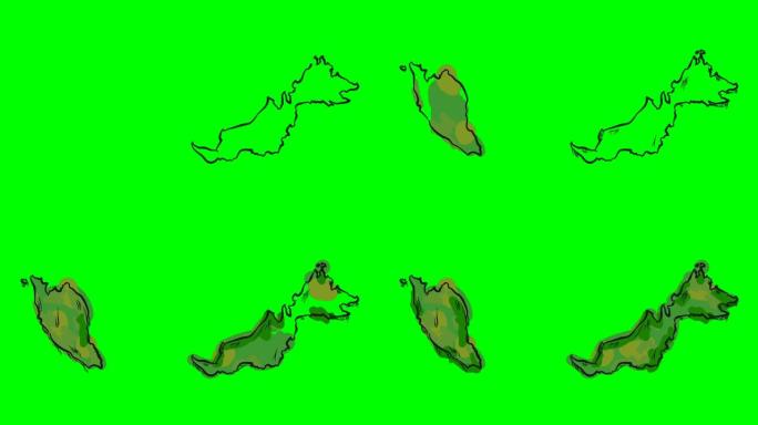 马来西亚在绿屏孤立白板上绘制彩色地图