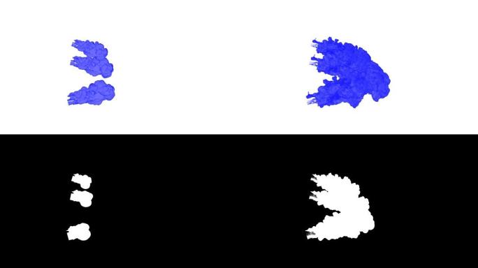 抽象蓝色墨水滴在白色背景上的水中，以获得Alpha通道哑光效果。3d渲染。体素图形。计算机仿真V14