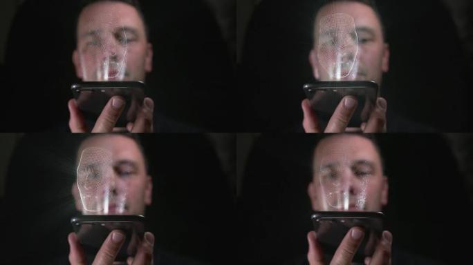 智能手机面部识别概念与男性面部3D数字全息图打印