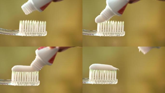 关闭挤在牙刷上的白色牙膏。早晨牙齿卫生
