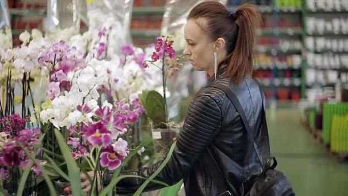 超市里的女人，在花园和房屋植物部门选择室内花盆