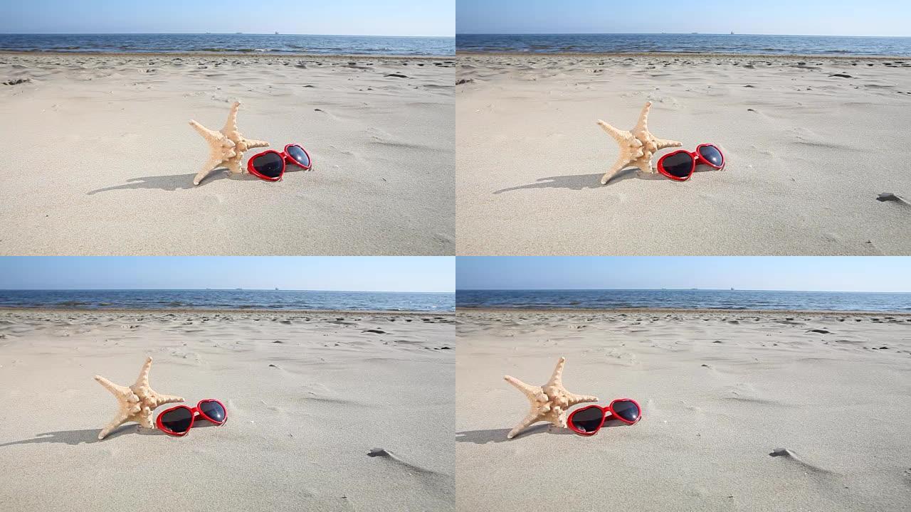 海星海星和沙滩上的阳光。全高清电动滑块