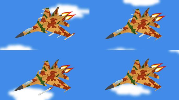 卡通俄罗斯 (苏联) 喷气式战斗机在天空中飞行