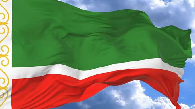 在车臣共和国的蓝天下挥舞着旗帜
