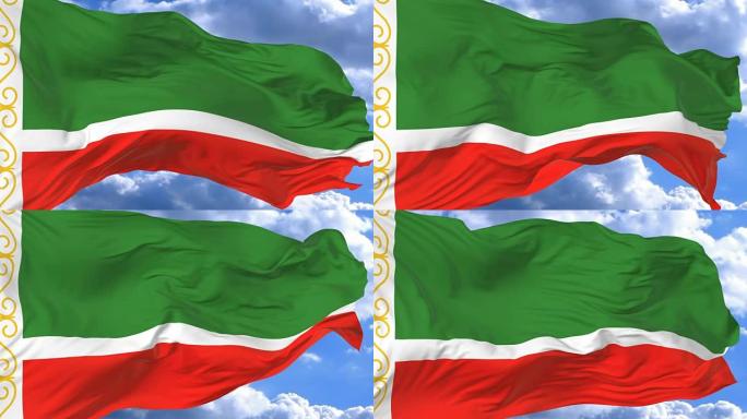 在车臣共和国的蓝天下挥舞着旗帜