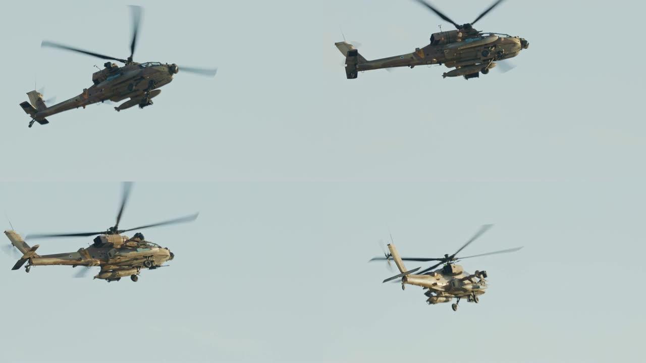 AH-64D长弓阿帕奇军用直升机用大炮攻击目标