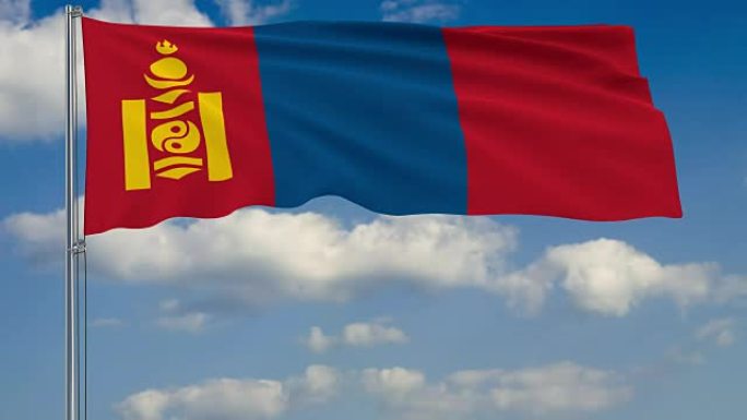 蓝色天空中飘浮的云朵映衬着蒙古国旗