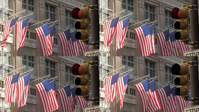带有美国国旗的纽约市标志性照片，建筑物交通信号灯