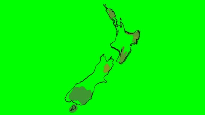 新西兰在绿屏孤立白板上绘制彩色地图