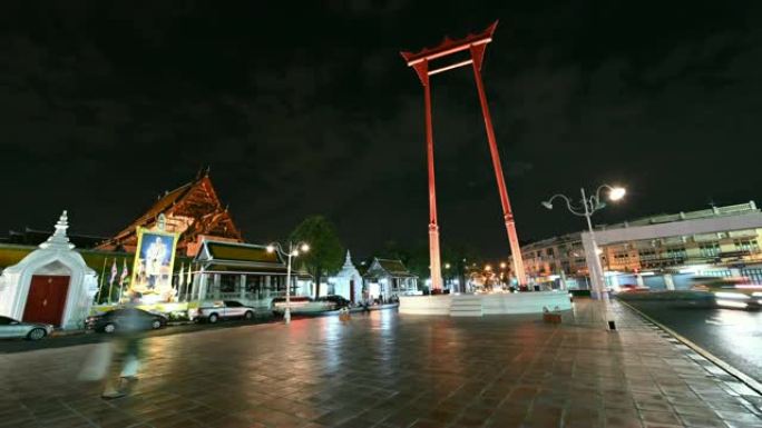 曼谷巨型秋千或Sao Ching Cha地标的4k夜间延时拍摄