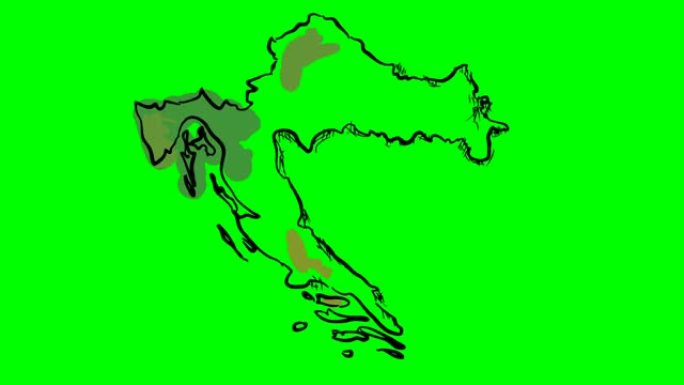 克罗地亚在绿屏孤立白板上绘制彩色地图