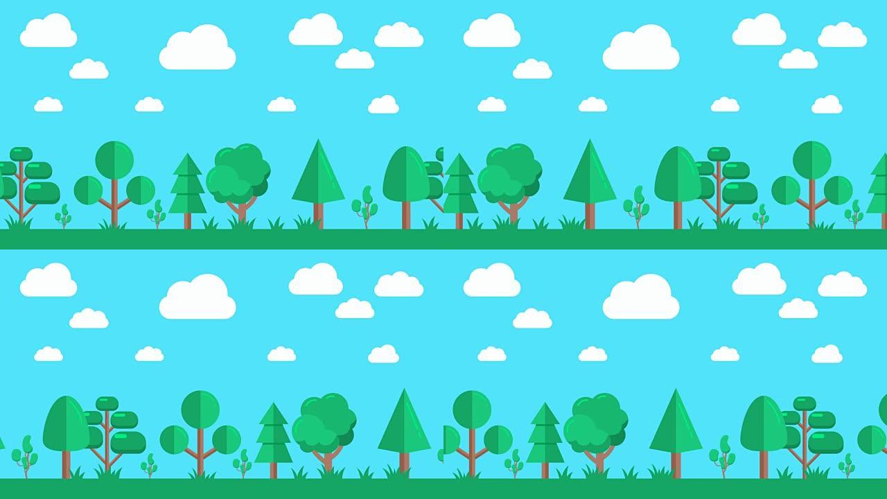 自然森林景观动画，平面设计风格