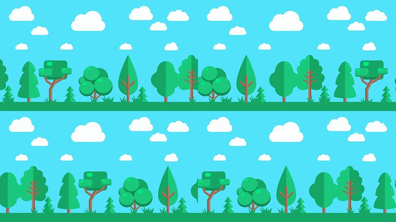 自然森林景观动画，平面设计风格