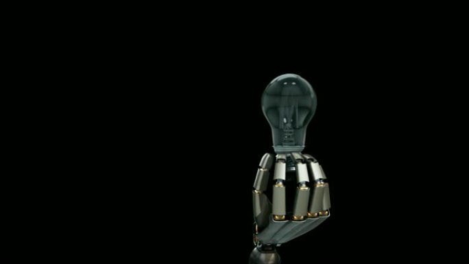 机械手为观看者提供灯泡，这是人工智能创造思想的象征。黑色背景，60 fps动画