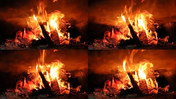 火柴在炉中明亮燃烧。火和火焰