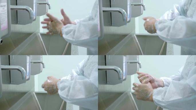 医生在手术前洗手，消毒双手。