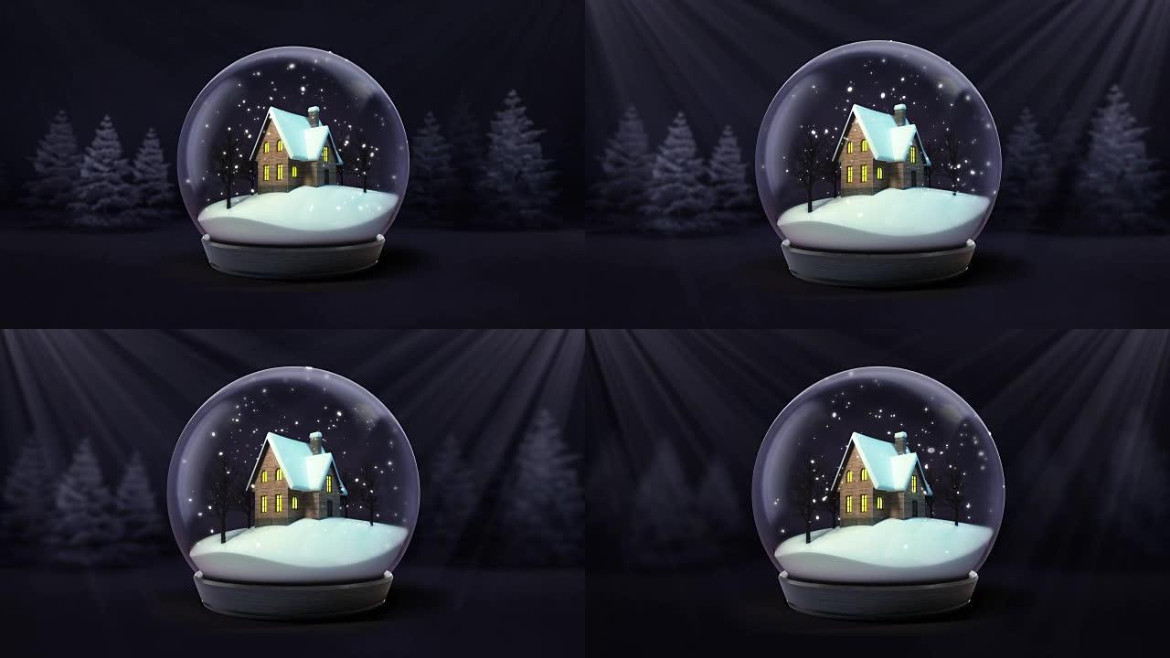 木房子雪球降雪在暗夜森林动画