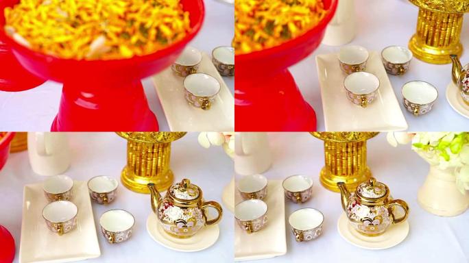 复古中国茶具、陶瓷茶壶和杯子。