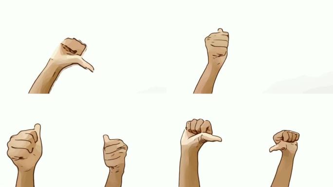 动画卡通素描，人的手和肢体语言，举手显示不良标志，拇指朝下