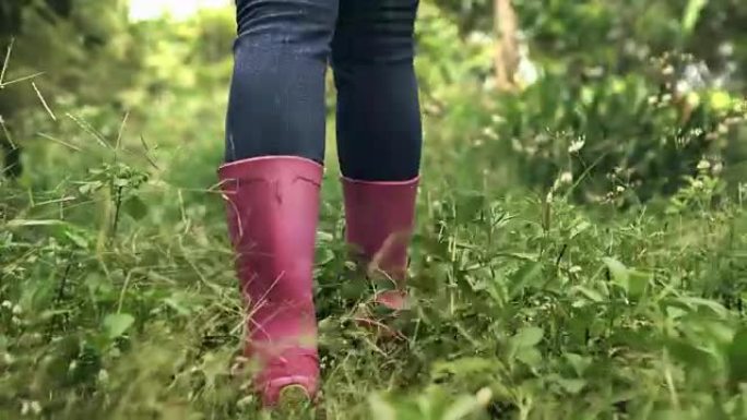 近距离低射粉色鞋靴女农夫走在绿草丛中