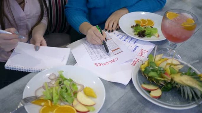 减肥女性与饮食计划日历在健康食物时间计算纸张上的卡路里