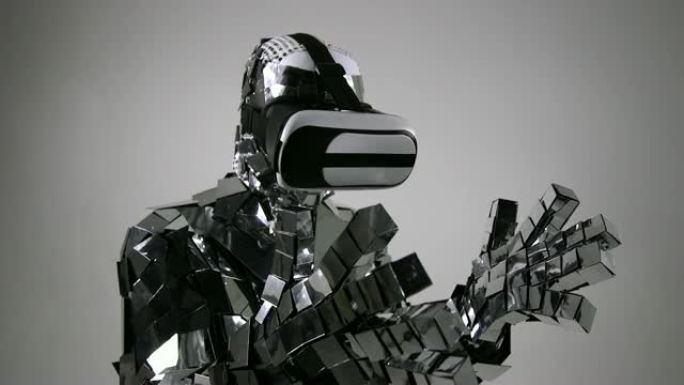 带有虚拟界面的镜像服装vorking中的未来派机器人，用食指触摸界面。