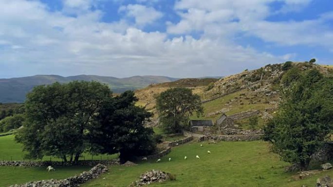 静态摄像机。云移动得很快，古老的威尔士石头建筑在山上，有树木和绵羊。