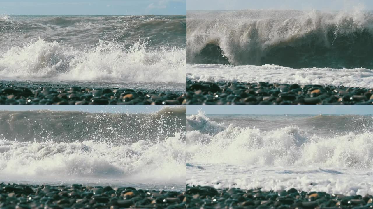 海上风暴。石岸的仰视图。巨大的海浪在海滩上撞击