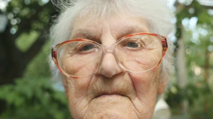 戴眼镜的老妇人看着相机的特写镜头。户外祖母的肖像。
